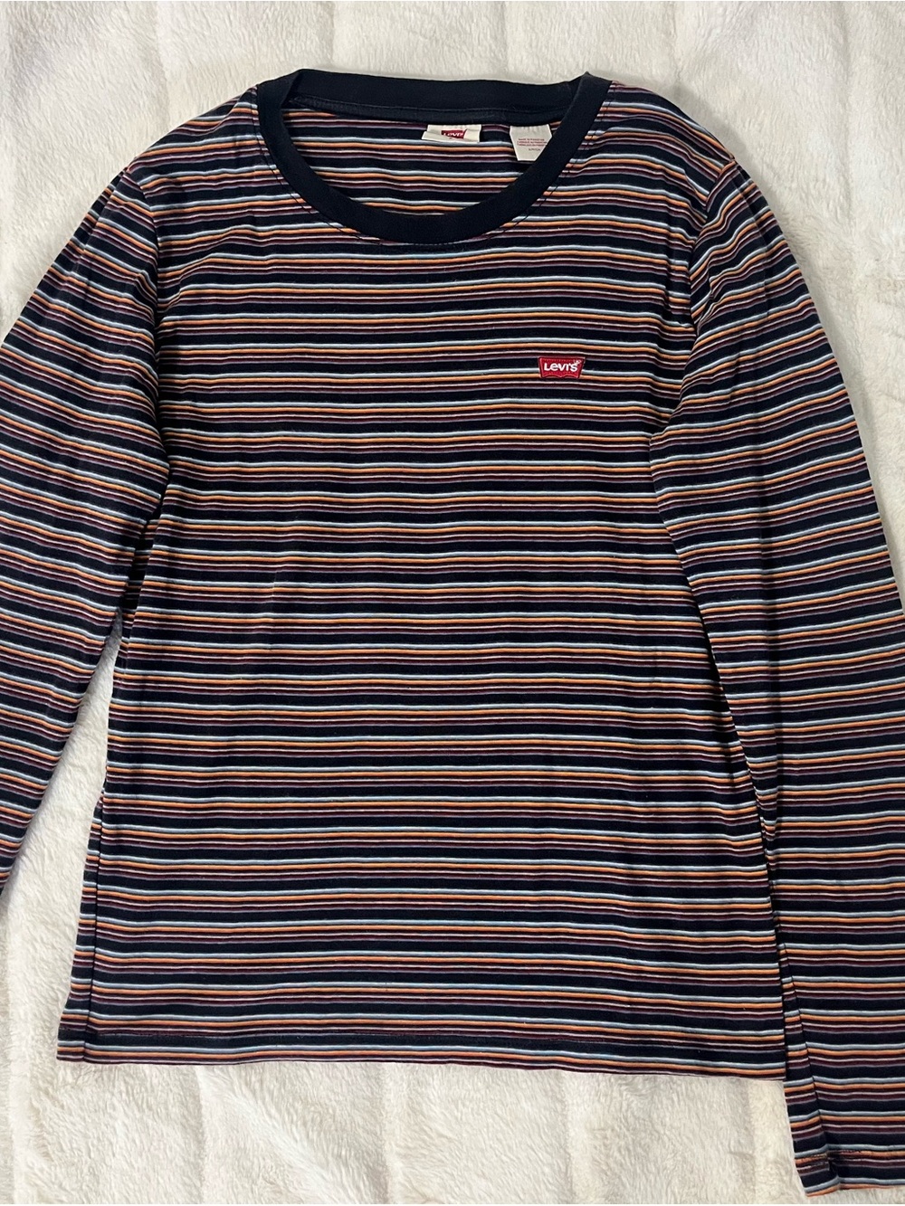 Levi's Navy Long Sleeve Striped Tee with Red Logo